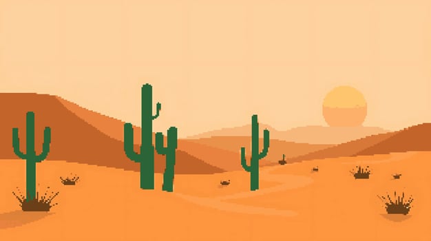 Pixel art desert landscape with cacti vector