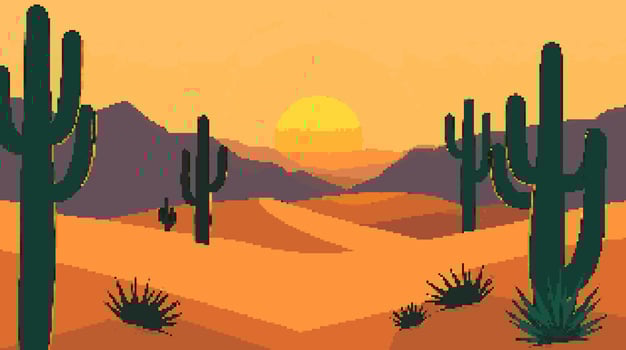 Desert sunset with cacti and mountains vector