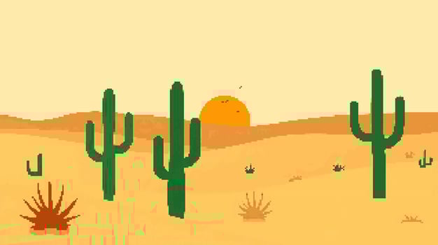 Desert sunset with pixelated cacti vector