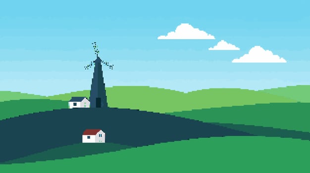 Rural landscape with windmill and houses vector