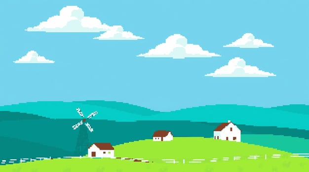 Pixel art landscape with houses and windmill vector