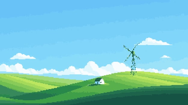 wind turbine and house in green hills vector