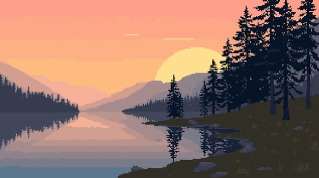 Pixel art sunset with trees and lake vector