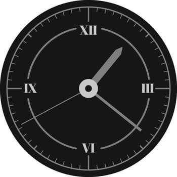 Classic black clock with roman numerals and gray hands is showing half past twelve on white background, concept of time, schedule and deadline vector