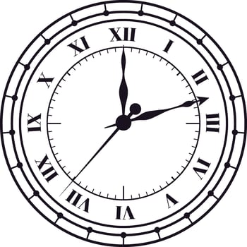 Classic clock face featuring Roman numerals, indicating five minutes past two, capturing the essence of time, history, and vintage aesthetics in a timeless design vector