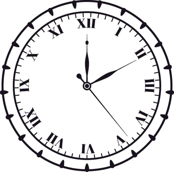 Classic analog clock face indicating five o'clock, featuring roman numerals and a decorative bezel on a clean white background, perfect for time related designs vector