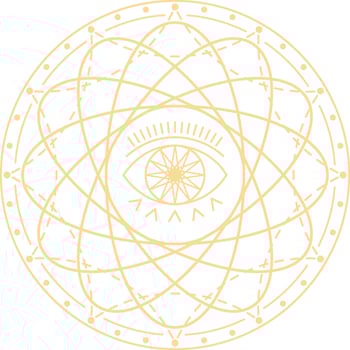 Esoteric illustration representing the eye of providence observing rotating atoms in a sacred geometry ornament, evoking concepts of spirituality, alchemy, and universal consciousness vector