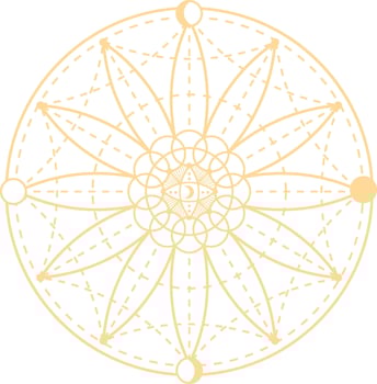 Intricate geometric patterns and crescent moons intertwining within a circular celestial mandala evoke a sense of harmony and mysticism, capturing the essence of spiritual design vector