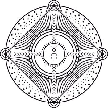 Intricate circular design featuring geometric shapes, lines, and dots, centered around an alchemy symbol, embodying the earth element for spiritual and esoteric themes vector