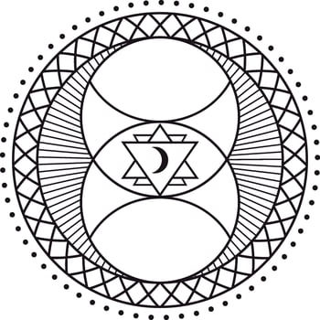 Esoteric symbol featuring a crescent moon within triangles, arranged in sacred geometry and encircled by an ornate frame with geometric and dotted decorations vector