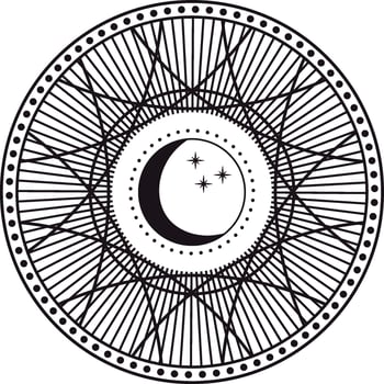 Black and white illustration of a crescent moon and stars surrounded by geometric lines and dots, forming a circular mandala, perfect for spiritual or celestial designs vector