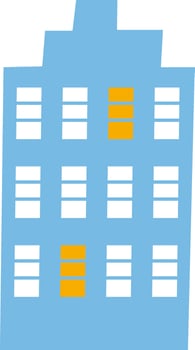 illustration depicting a blue office building with illuminated windows shining brightly at night, set against a clean white background. Modern architectural design enhances the urban skyline vector