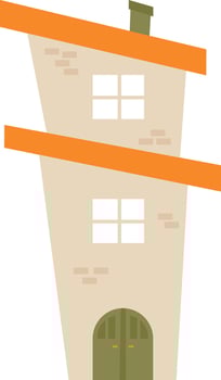 Whimsical leaning house featuring an orange roof, green double doors, and a unique architectural style creating a playful and imaginative residential scene vector