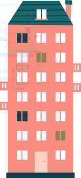 Minimalist illustration of a pink multi story apartment building with a teal roof, chimney, and various windows, symbolizing urban living and accommodation vector