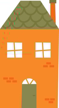 Simple illustration of an orange house with green roof, chimney, door and windows, creating a warm and inviting atmosphere perfect for real estate or home decor projects vector