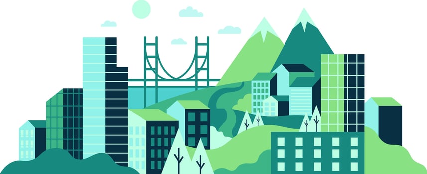 Cityscape illustration with mountains and buildings vector
