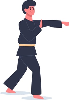 Young man practicing pencak silat, a traditional Indonesian martial art, performing a defensive move with focused determination and strength vector