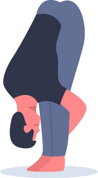 Young man practicing yoga, standing forward bend, Uttanasana pose, stretching legs and back, working out, wearing black t shirt and blue pants, healthy lifestyle and fitness concept vector