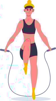 Sporty woman exercising with a jump rope, wearing vibrant sportswear and a cheerful yellow headband, embodying a commitment to fitness, health, and an active lifestyle vector
