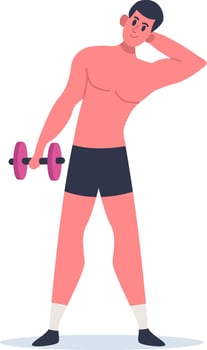 Young sportsman is lifting dumbbell and stretching neck, doing fitness exercises, working on his biceps, building muscles, enjoying workout and healthy lifestyle vector