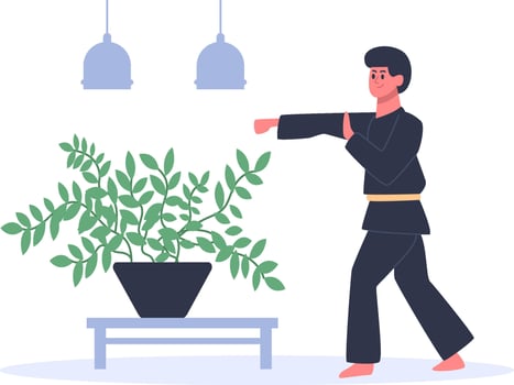 Martial artist practicing in stylish interior vector