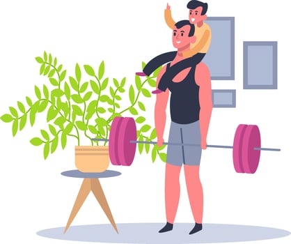 Father lifts weights with son on shoulders vector