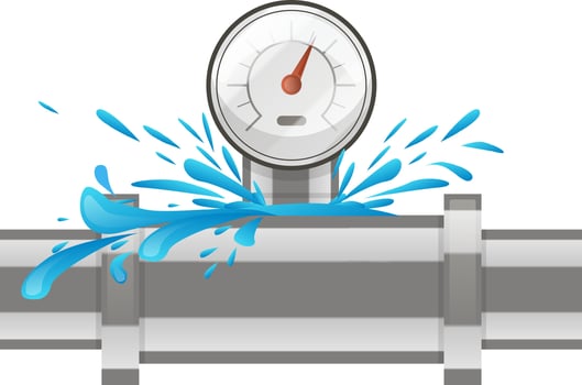 Water leaking from a damaged pipe with a pressure gauge indicating high pressure, highlighting the concept of plumbing emergencies and water damage vector