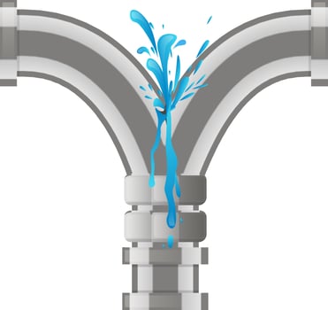 Water leaking and splashing from a damaged pipe joint, illustrating the concept of plumbing emergency, water damage, and the need for repair vector