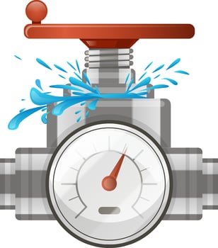 Water leaking from industrial valve with pressure gauge measuring high pressure, suggesting a critical failure in plumbing system requiring immediate attention and repair vector