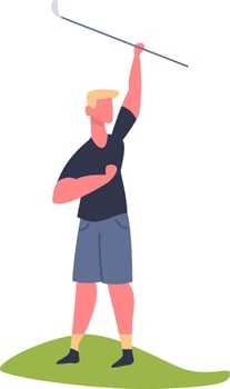 Young male golfer raising his club in celebration after successfully hitting the ball, enjoying a moment of victory on a stunning golf course surrounded by lush greenery vector