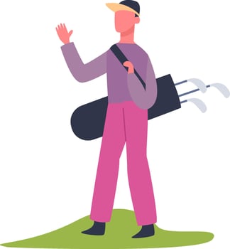 Friendly golfer waving while carrying golf clubs in bag, enjoying a day on the course, ready for a game, representing leisure, sports, and outdoor activity vector