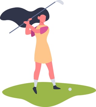Young woman enjoying a sunny day outdoors, playing golf on a lush green course, skillfully swinging her club and focusing intently on her drive with precision and power vector