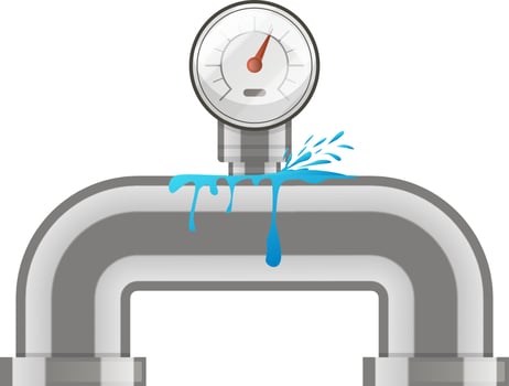 Leaking water pipe with pressure gauge showing high pressure, indicating a potential plumbing problem requiring immediate attention to prevent further damage and water waste vector