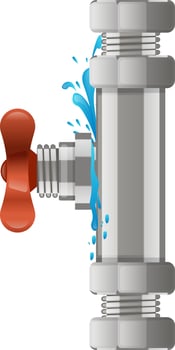 Water leaking from plumbing metallic pipe with red valve, close up on splashing water drops, concept of plumbing emergency, water damage or broken pipeline requiring urgent maintenance vector