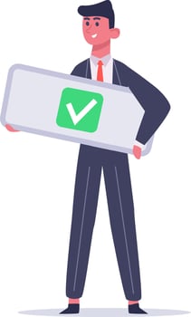 Businessman holding a large check mark confirming validation, acceptance, agreement, approval, success, and positive choice, ideal for business and marketing concepts vector
