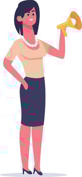 Businesswoman is making an announcement holding a megaphone, promoting her business and sharing important information with confidence and clarity vector