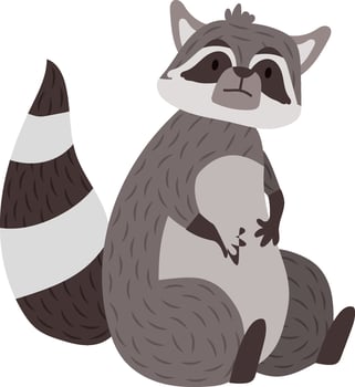 Cartoon raccoon sitting and showing its striped tail, adorable wildlife illustration perfect for children book, nature awareness campaign or zoo related project vector