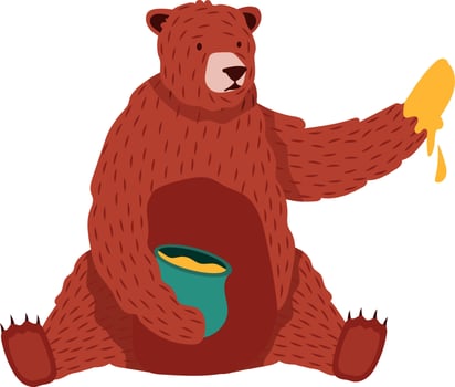 Cartoon brown bear sitting contentedly while enjoying honey from a green pot, licking its paw coated in sweet, dripping honey, radiating a playful and happy vibe vector