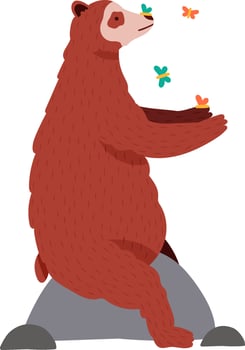 Friendly brown bear sitting on a rock, playfully interacting with colorful butterflies in an adorable wildlife scene, perfect for children's book illustrations and storytelling vector