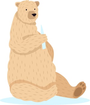 Cartoon polar bear holding sharp icicle sitting on ice floe, funny predator animal character living in arctic, winter northern nature, wildlife and fauna concept vector