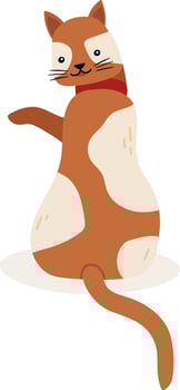 Adorable ginger cat with white spots and a red collar, sitting and waving its paw, exuding playfulness and friendliness in a charming cartoon style, perfect for kids and nursery decor vector
