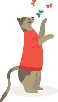 Cute cat wearing a red shirt standing on its hind legs and trying to catch colorful butterflies flying around it, simple flat illustration vector