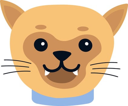 Cartoon illustration of a happy cat face with blue collar, showing teeth and whiskers, isolated on white background, ideal for children book illustrations, pet shop logo and animal themes vector