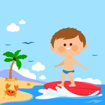 Child with surfboard at the beach surfing on a wave in the sea. Boy on tropical island summer vacations. vector