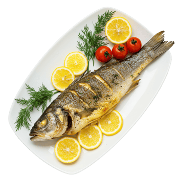Grilled sea bass fish served on a plate with fresh lemon tomato and dill a healthy meal png