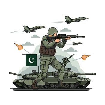 Soldier in war with tanks and jets vector