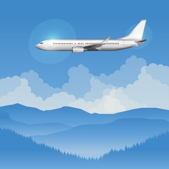 Airplane soaring above mountains vector