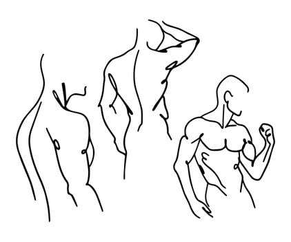A set of aesthetic silhouettes of male bodies drawn in bark art style. vector