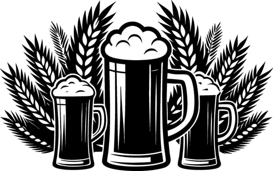 Illustration of three beer mugs with wheat stalks isolated on white background, perfect for brewery design vector
