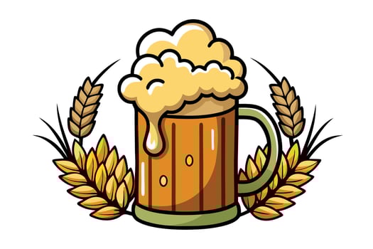 Illustration of a wooden beer mug with foam and wheat isolated on white background vector